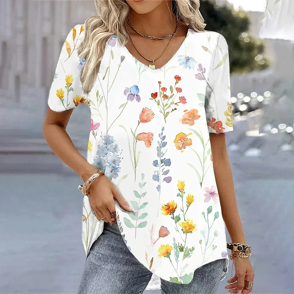 New Korean style women's summer tops v neck t shirts women loose fashion ladies shirts short sleeves women 3d floral print tops