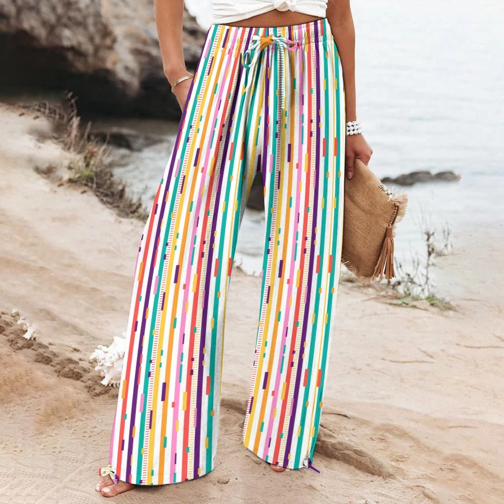 

Fashionable Striped Classic Women's Chiffon Wide Leg Casual Pants Colorful Regular Stripes Woman's Chic Outfit Bottom Modaling