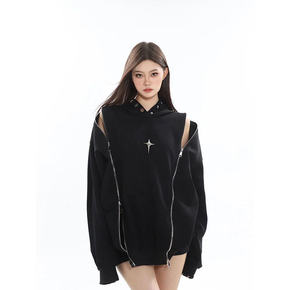 

2024 Autumn New Double Zipper Design with Hollow Out Hoodie for Women