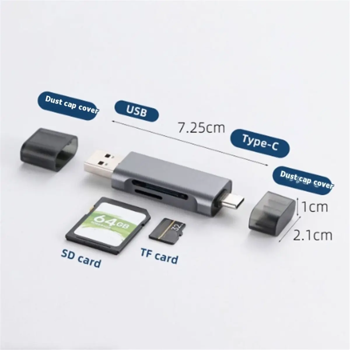 Multi-Functional Dual-Port Type-C/USB 2.0 Card Reader Supporting SD TF Memory Cards Plug & Play for Phone PC