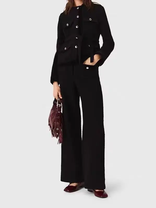 【هدية مجانية】 طقم سترة تويد فرنسية أنيقة بحزام واحد الصدر وسروال واسع الساق موضة خريف وشتاء 2025