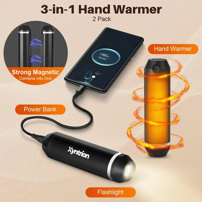 Xyntrion 3-in-1 Electirc Hand Warmers 2 Pack, Device Charger, Flashlight, Rechargeable, 3 Heat Settings, Cynlindrical Design