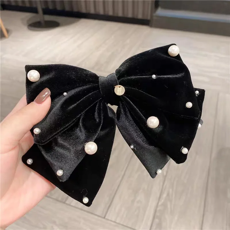 2024 Women Autumn and winter new original handmade gold velvet black oversized bow hairpins