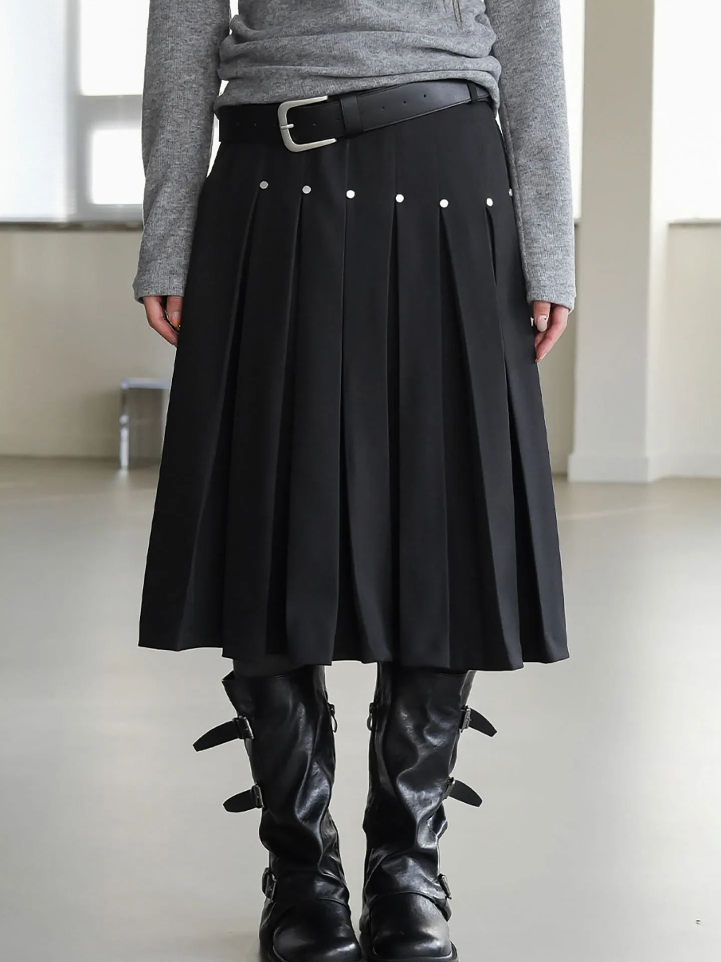 

Юбка-миди Dongda Gate Unique Street Sle с металлическими заклепками и эластичным поясом для женщин, повседневная, из полиэстера, с драпировкой, А-силуэт