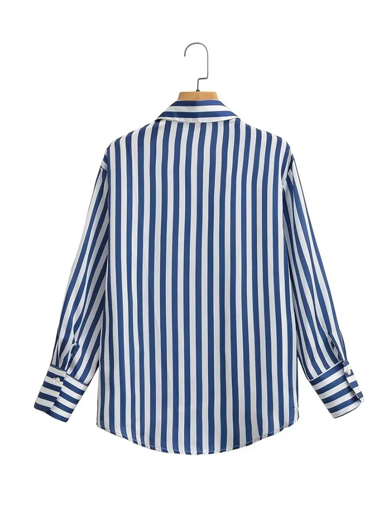 HH TRAF Vintage Women Stripe Long Sleeve Blouse V Neck Loose Office Lady Top Shirts Spring Fashion Button Up Satin Shirt Blouse