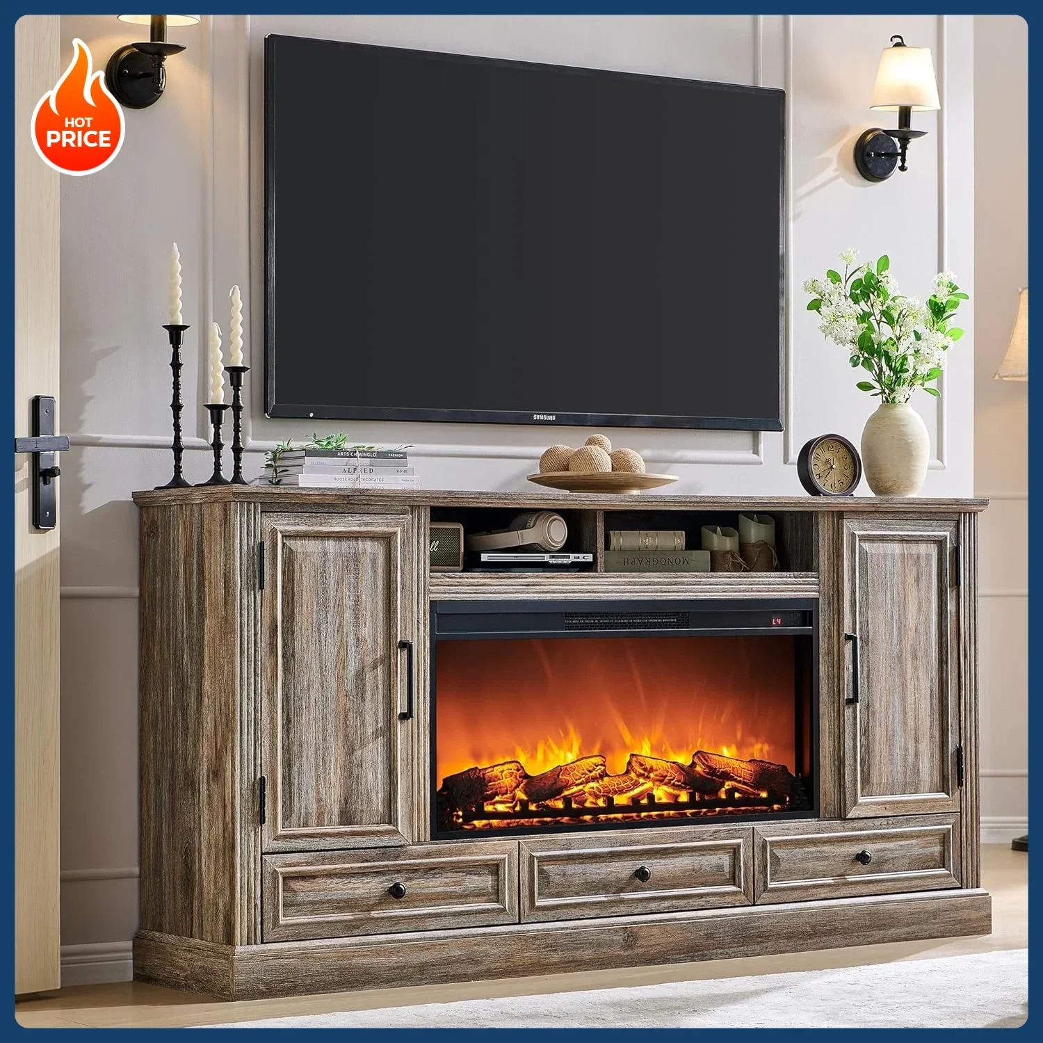 

Bestseller[Hot Sale!]Fireplace TV Stand for 80 Inch TV, 35.7" Tall Farmhouse Entertainment Center W/36'' Electric Fireplace, Med