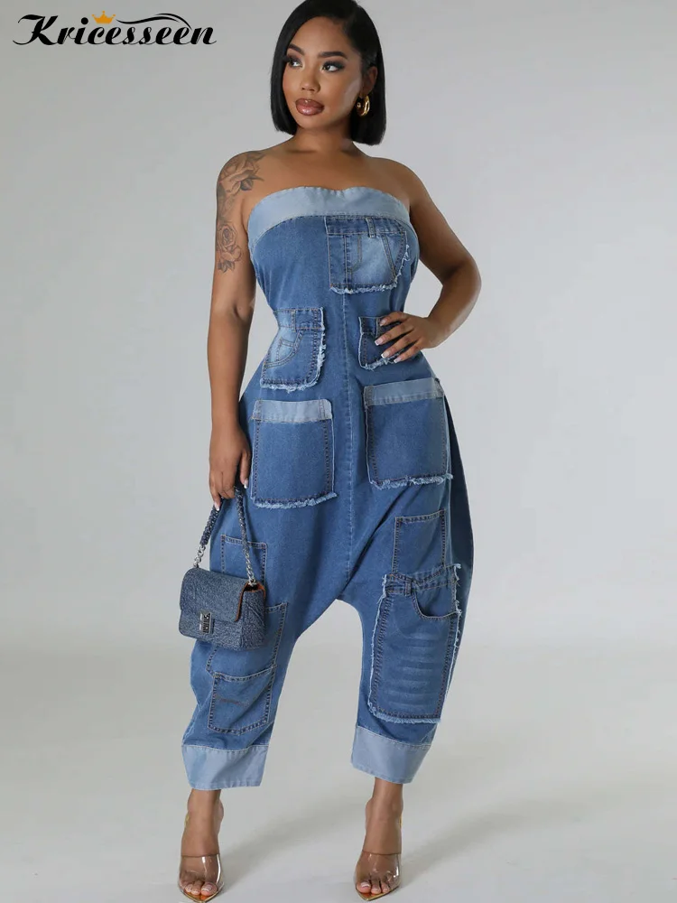 Kricesseen Runway Denim Patchwork Bandeau Jumpsuits One Piece Outfits Women\'s Bomb Jeans Harem Jumper Night Clubwear Outfits