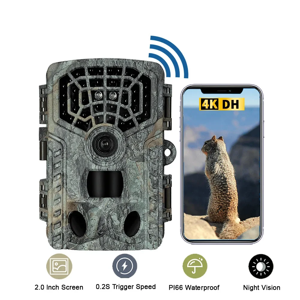 4K HD WIFI Hunting Camera Wildlife Trail Camera Low Glow Arction 48MP IP65 Waterproof Outdoor Photo Trap with Night Vision