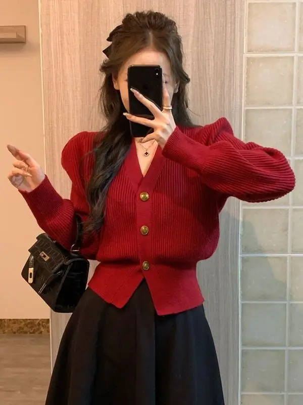 

Ele ort вязаный топ-джат женский модный красный свитер с завязкой на талии кардиган весна-осень Sli Chic Sle