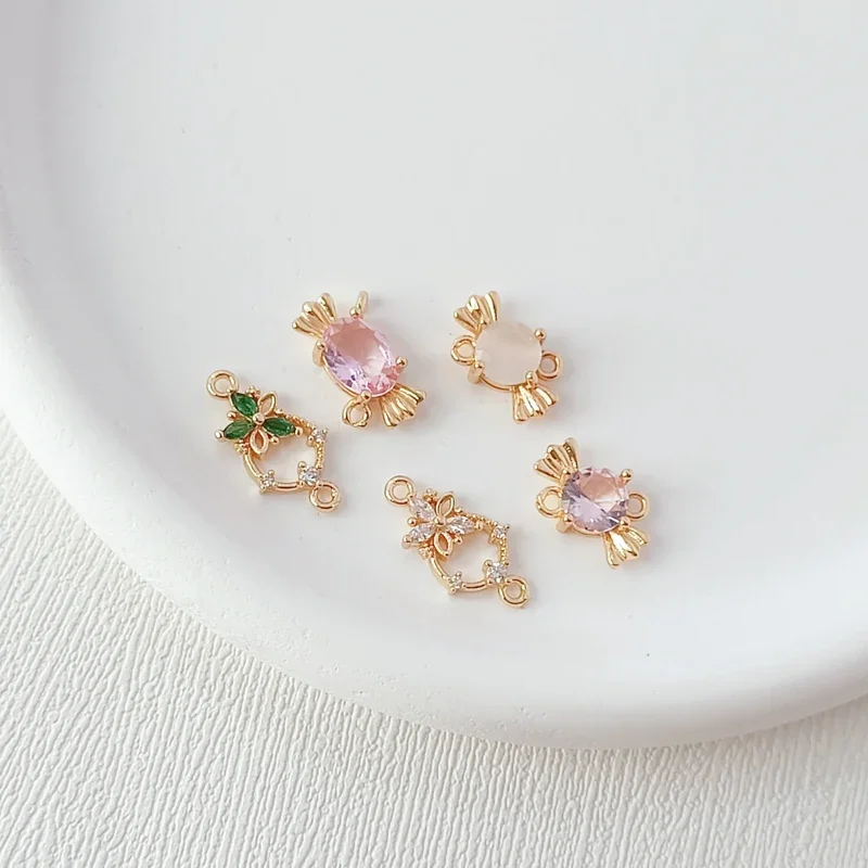 

14K Gold-plated Zirconium-inlaid Candy Double Pendant Five-leaf Flower, Handcrafted DIY Bracelet Necklace Link Pendant Material