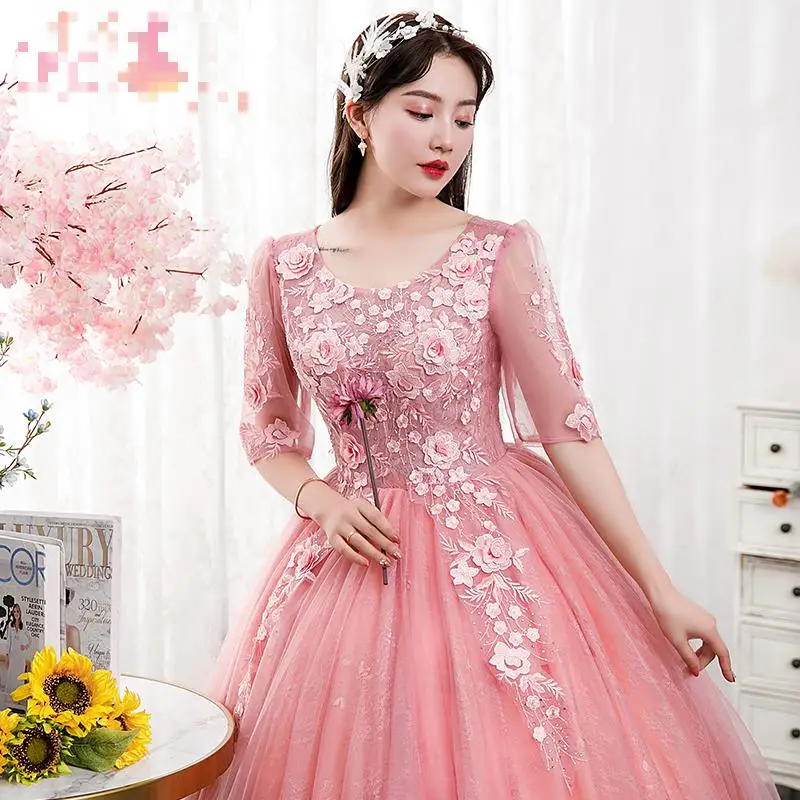 Roze Zoete Fee Tule Baljurk Lace Flower Floor-Length Quinceanera Jurken Mode Half Sleeve Applicaties Vestido De Debutante