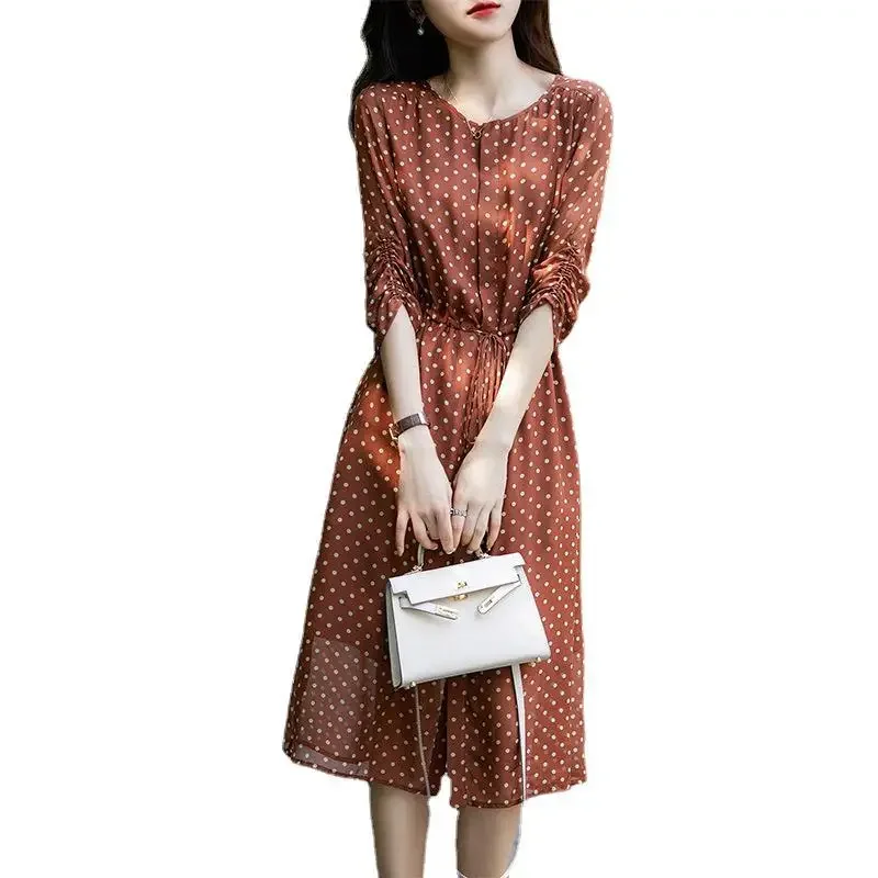 

Brick Red Polka-dot Silk Dress 2024 Summer New Women's Cropped Sleeve Round Neck Drawstring Long Silk Dress