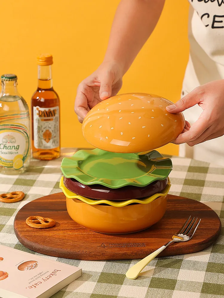 

Cute Hamburger Ceramic Bowls And Plates Set Fast Food Style Kids Salad Dessert Dishes Adorable Sandwich Dinnerware for Toddlers