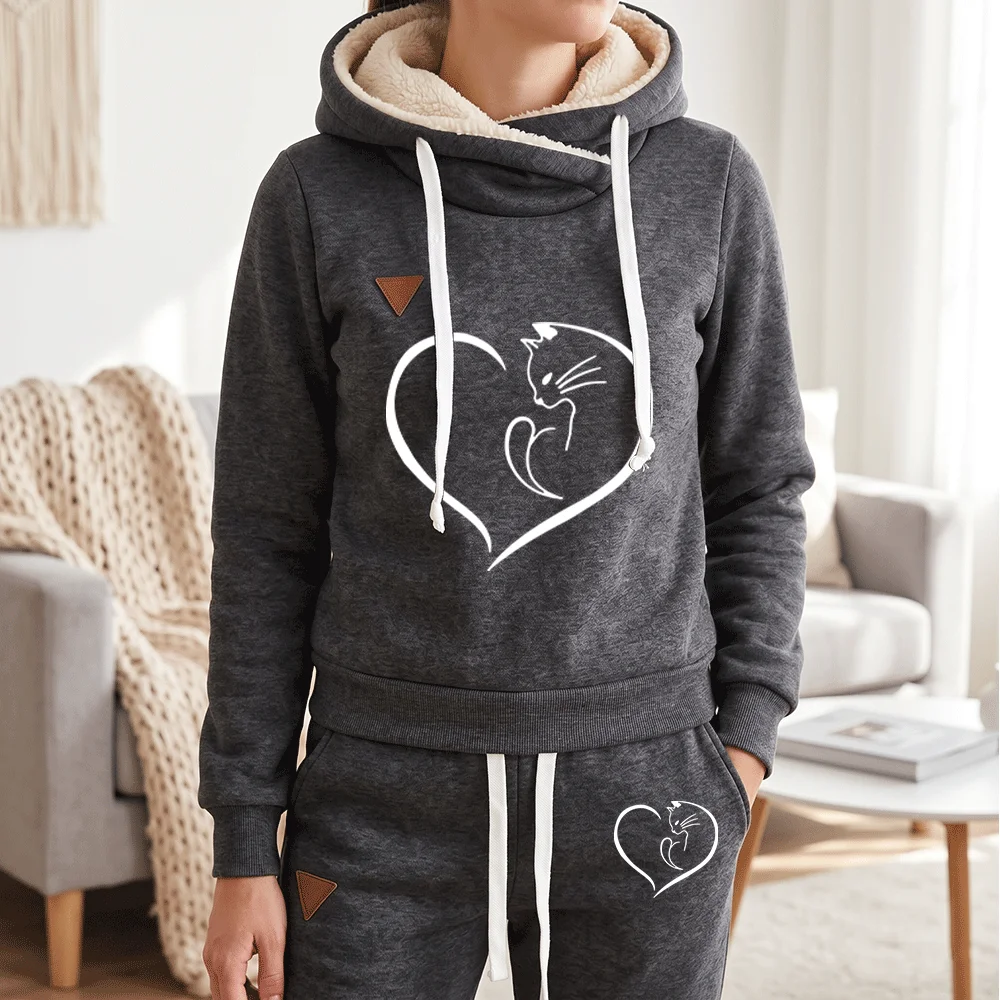 Autumn Winter Women Tracksuit 2 Piece Set Cute Cat Heart Print Fleece Warm Hoodie and Sweatpants Casual Sportswear Jogger Outfit view 5