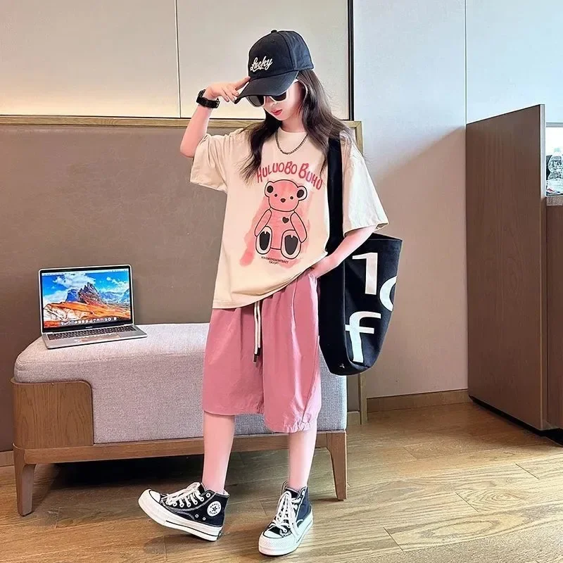 Summer Teenage Girl Clothes Kid Cartoon Bear T-Shirts Shorts Suit Children Girls Letter Short Sleeve Top and Bottom 2 Pieces Set