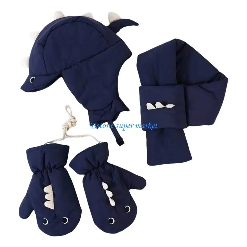 

090B 3Pcs Cartoon Animal Warm Hat and Mitten Set with Matching Scarf Set Windproof Leifeng Hat Gloves for Winter Comfort