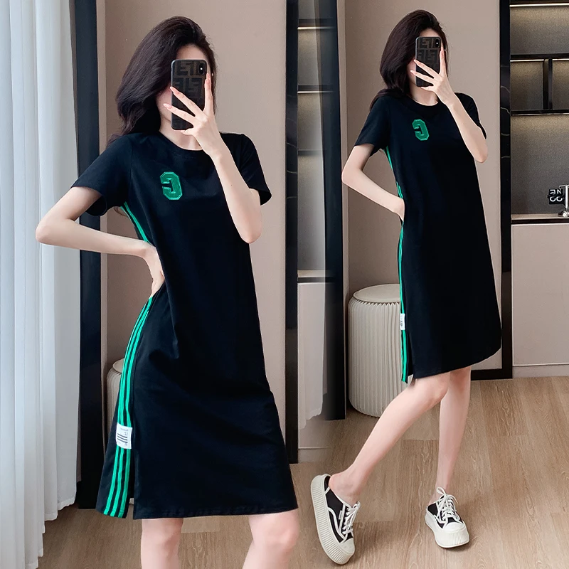 Frauen Baumwolle T-Shirt Kleider Sommer weiblich o Hals Kurzarm große Größe 4xl elegante schwarze Stickerei Streifen Patchwork Vestidos