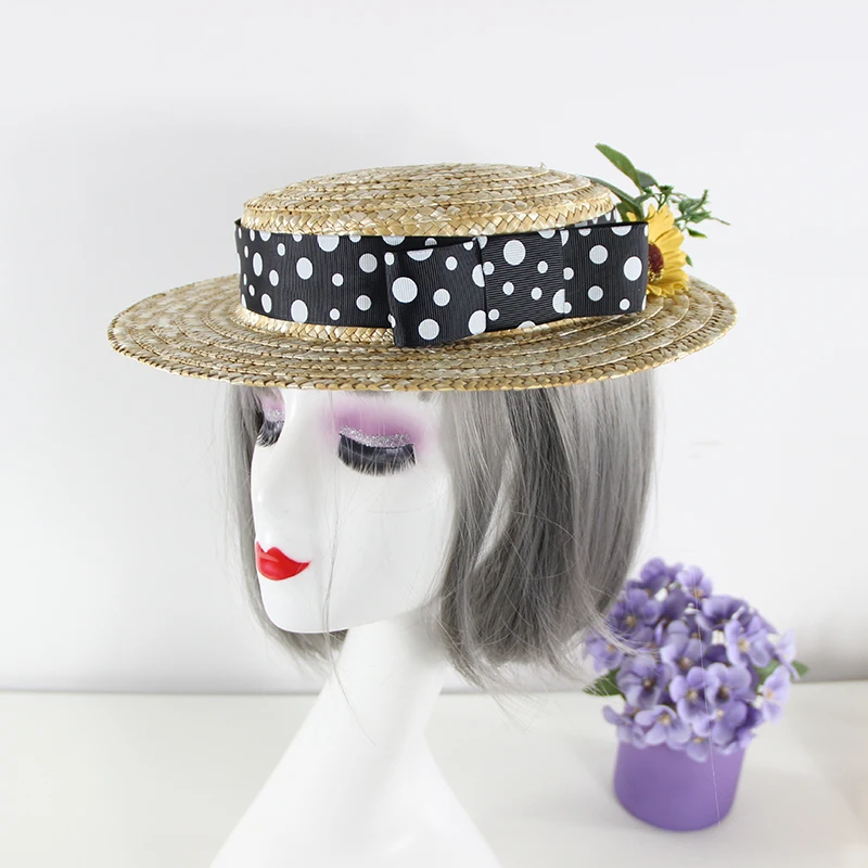 

Elegant Ladies Dotted Ribbon Bow Flat Fedoras Handmade Flower Straw Fascinator Hat Hairpins Outdoor Travel Beach Party Headpiece