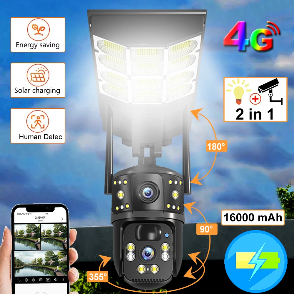 4G SIM Card Solar LED Street Light Low Powerd Camera Human Detect CCTV Cameras Auto Tracking Outdoor PTZ IP Wireless Monitor