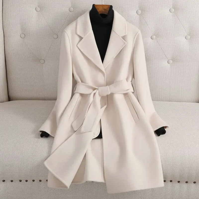 Wholesale Double Sided Cashmere Coat Women's 2022 Winter New Knee Tie Thickened Woolen Cloth Coat