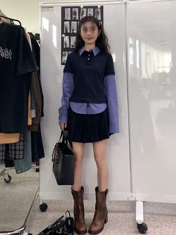 Início do outono faion faculdade sle irt colarinho falso conjunto de saia superior de duas peças sistema coreano conjunto de duas peças feminino ajuste regular