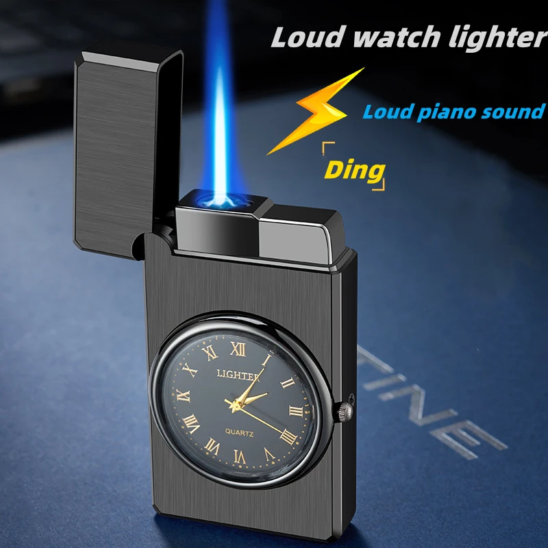 New Loud Clock Inflatable Windproof Straight Blue Flame Watch Lighter Metal Turbo Flashlight Lighter Unusual Lighter Men\'s Gift