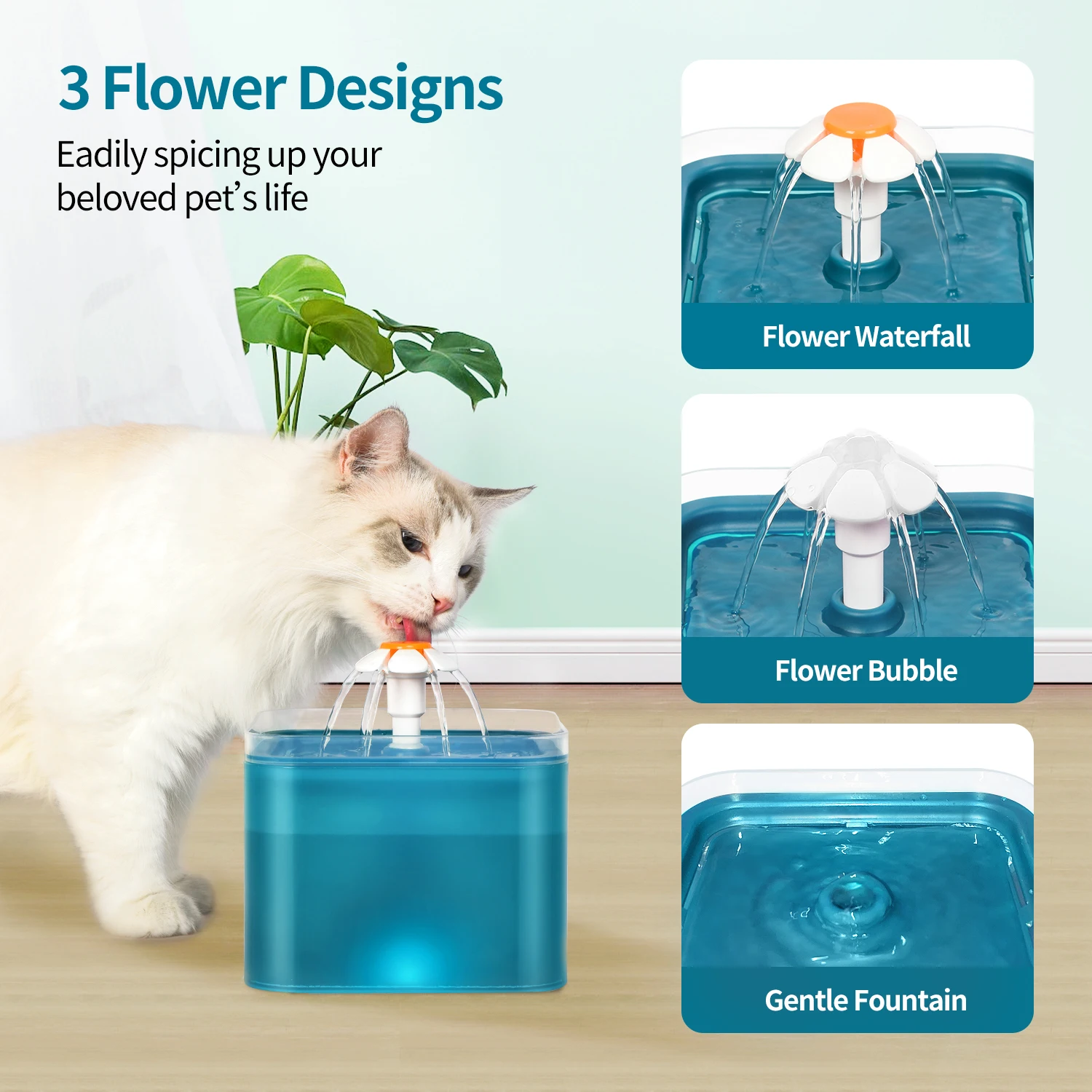 67oz/2L Ultra Silent Pet Fountain with LED Lighting&Activated Carbon Auto Filter Water Dispenser Mute Drinker for Cats Small Dog