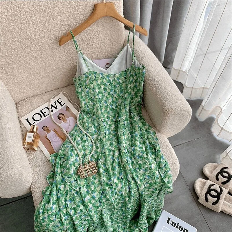 New Women Chiffon Green Fresh Floral Print Dress Summer Sexy V-Neck Elegant Ruffles Long Dress Slim Chic Temperament Vestidos