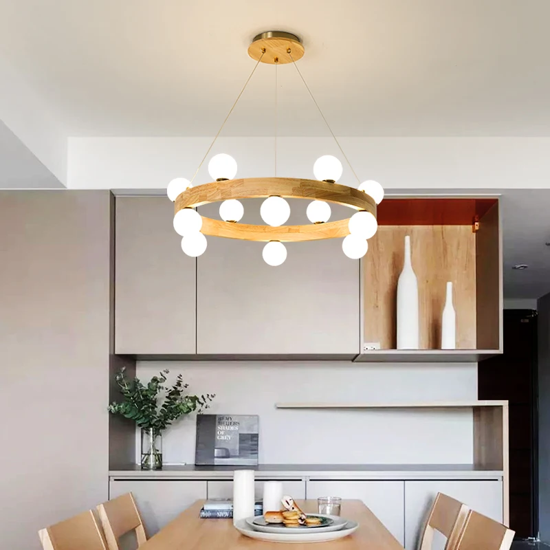 Modern Nordic Round Wooden Chandeliers Parlor Log Art Hanging Lamp Dining Room Light Kitchen Bedroom Walnut Creat Pendant Light