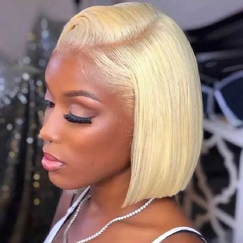 

Blonde Straight Short Bob 13x4 HD Transparent Lace Human Hair Honey 613 Blonde Colored Frontal Pre Plucked Wigs For Women
