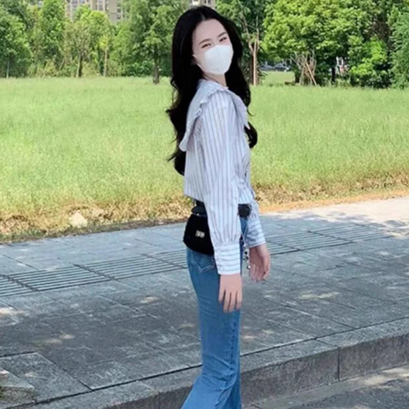 

Рубашки в вертикальную полоску, женские рубашки с воротником Питера Пэна, французские винтажные базовые элегантные оборки, модная одежда, Camisas, весенние консервативные девушки