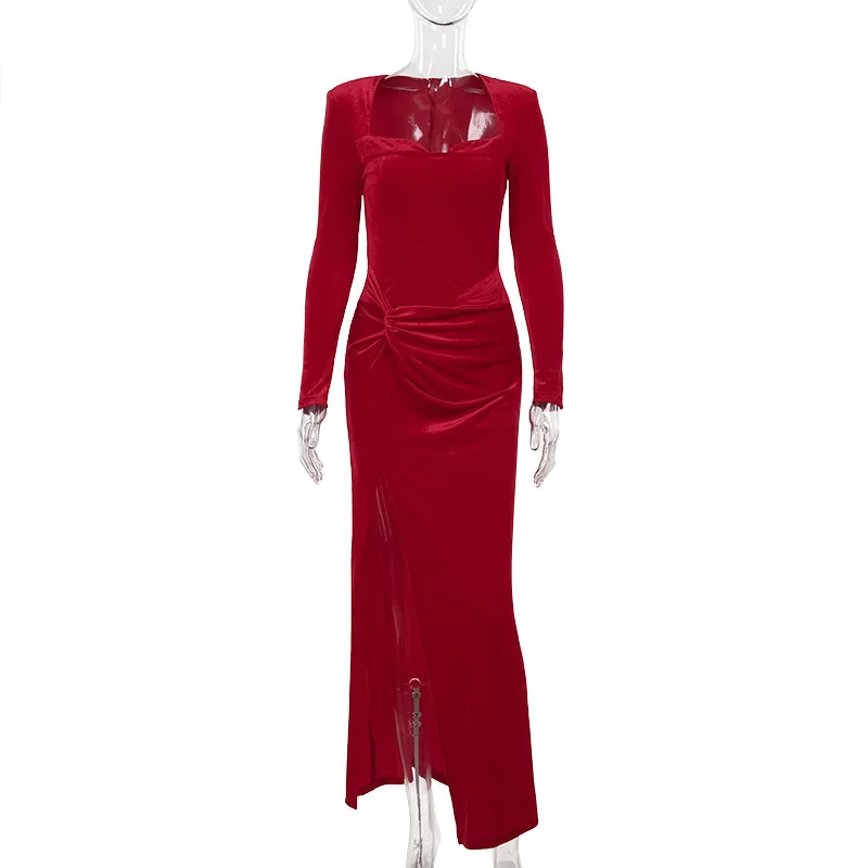 Novo vestido elegante de veludo de manga comprida dividido