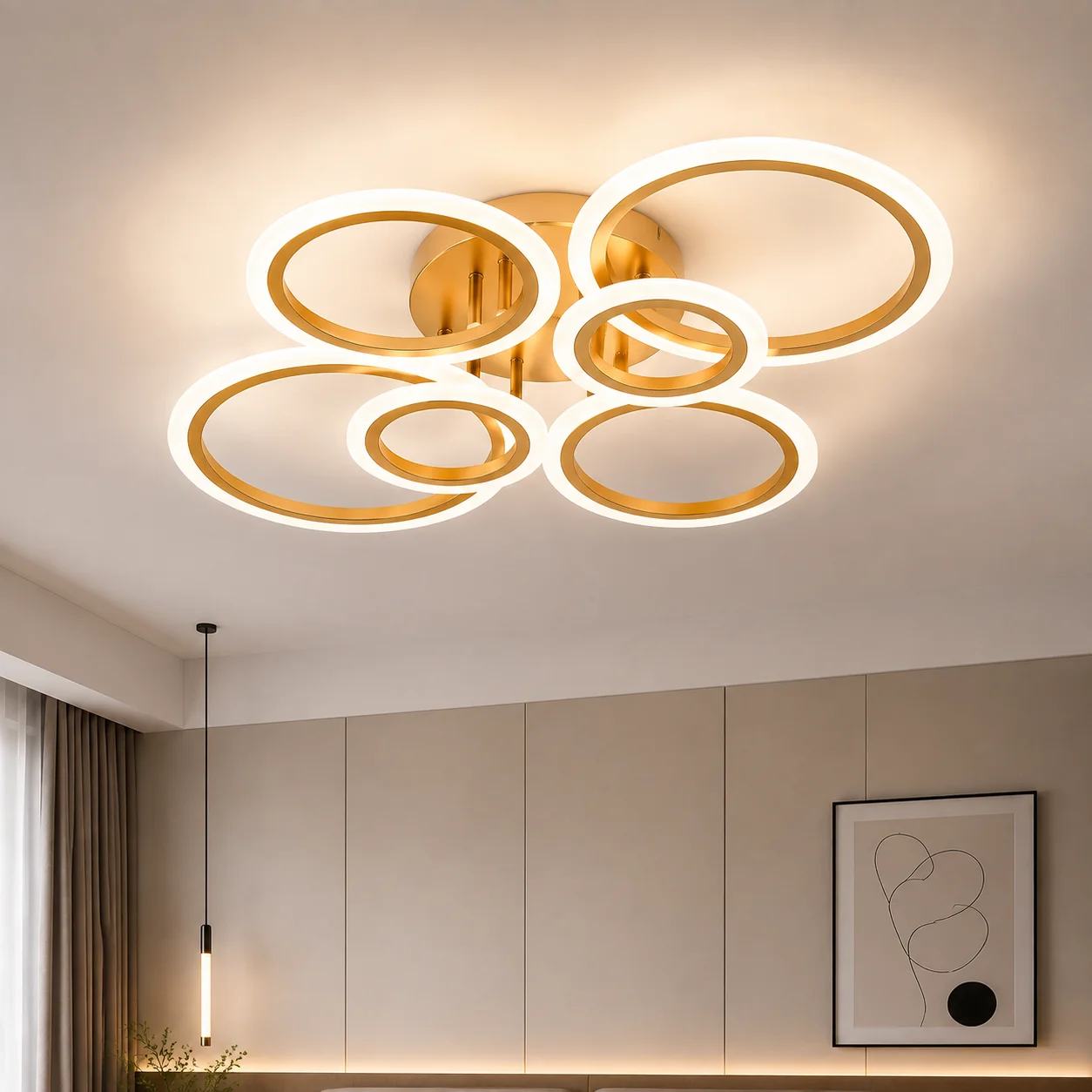 Modern  6‑Ring LED Ceiling Light, 3 Color Changing Flush Mount Ceiling Lamp, Geometric Circular Close to Ceiling Lighting Fixture for Living Room Bedroom Dining Room Home Decor