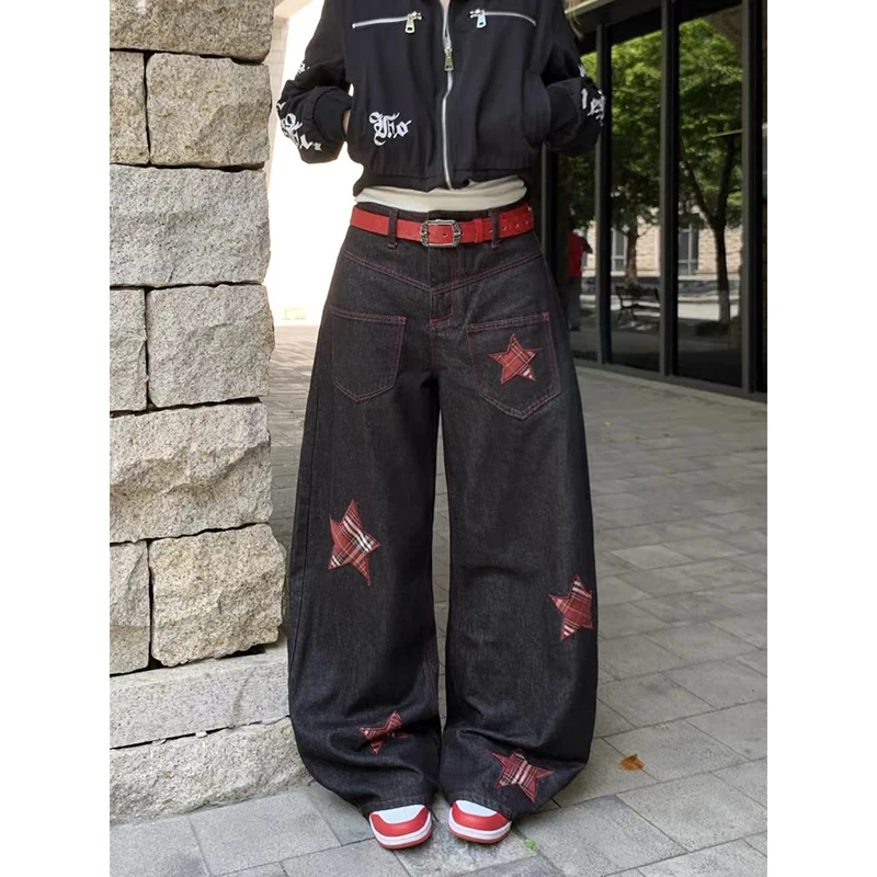 

ZHIZOU Women Black Gothic Y2k Star Embroidery Jeans Harajuku Vintage Denim Trouser Aesthetic 2000s Style Oversize Pants Autumn