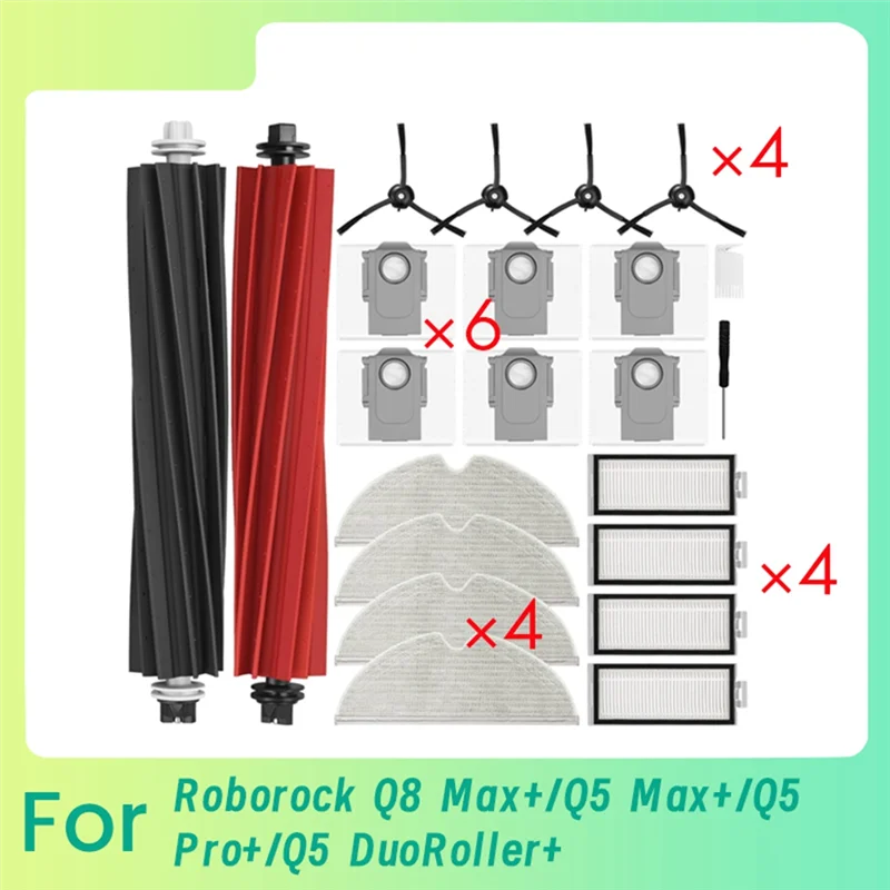 ABZA-สําหรับ Roborock Q8 Max +/Q5 Max +/Q5 Pro +/Q5 Duoroller + เครื่องดูดฝุ่นลูกกลิ้งแปรงด้านข้างกรองMop Padฝุ่นกระเป๋า