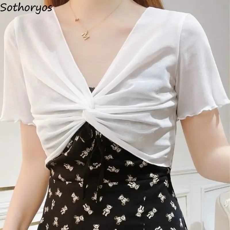 

Blouses Women Summer Thin Sun-proof All-match Breathable Simple Folds Trendy Korean Style Cropped Slim Design Leisure Tops Ins