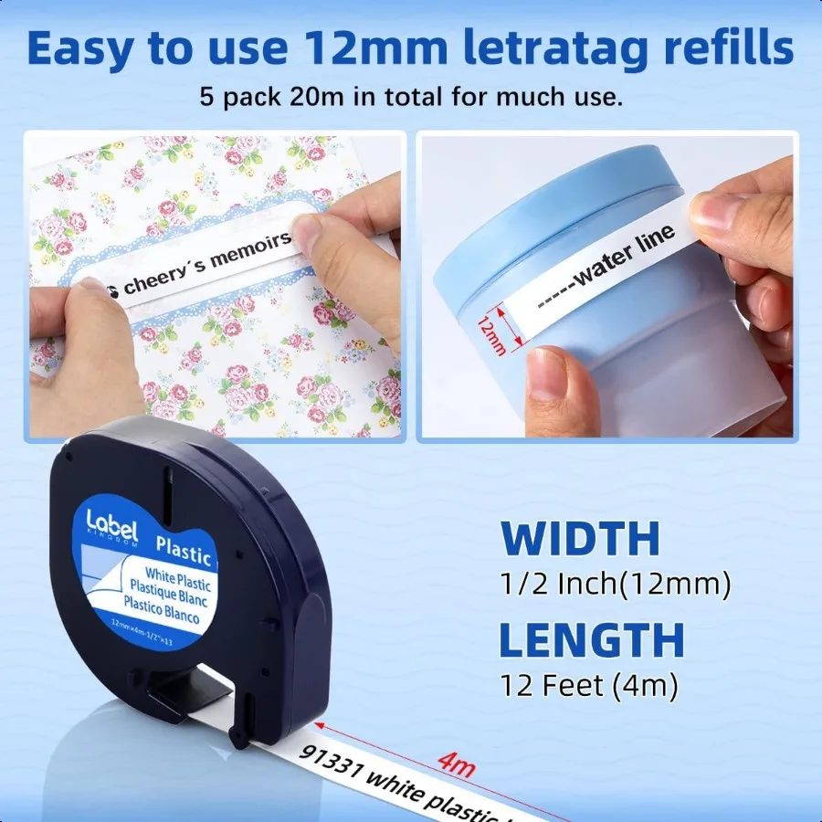 متوافق مع صانع الملصقات DYMO LetraTag عبوة 91331 شريط بلاستيكي أبيض 12 مم × 4 م 1 2 × 13 بوصة لـ Labeler Letra Tag 200B LT 100