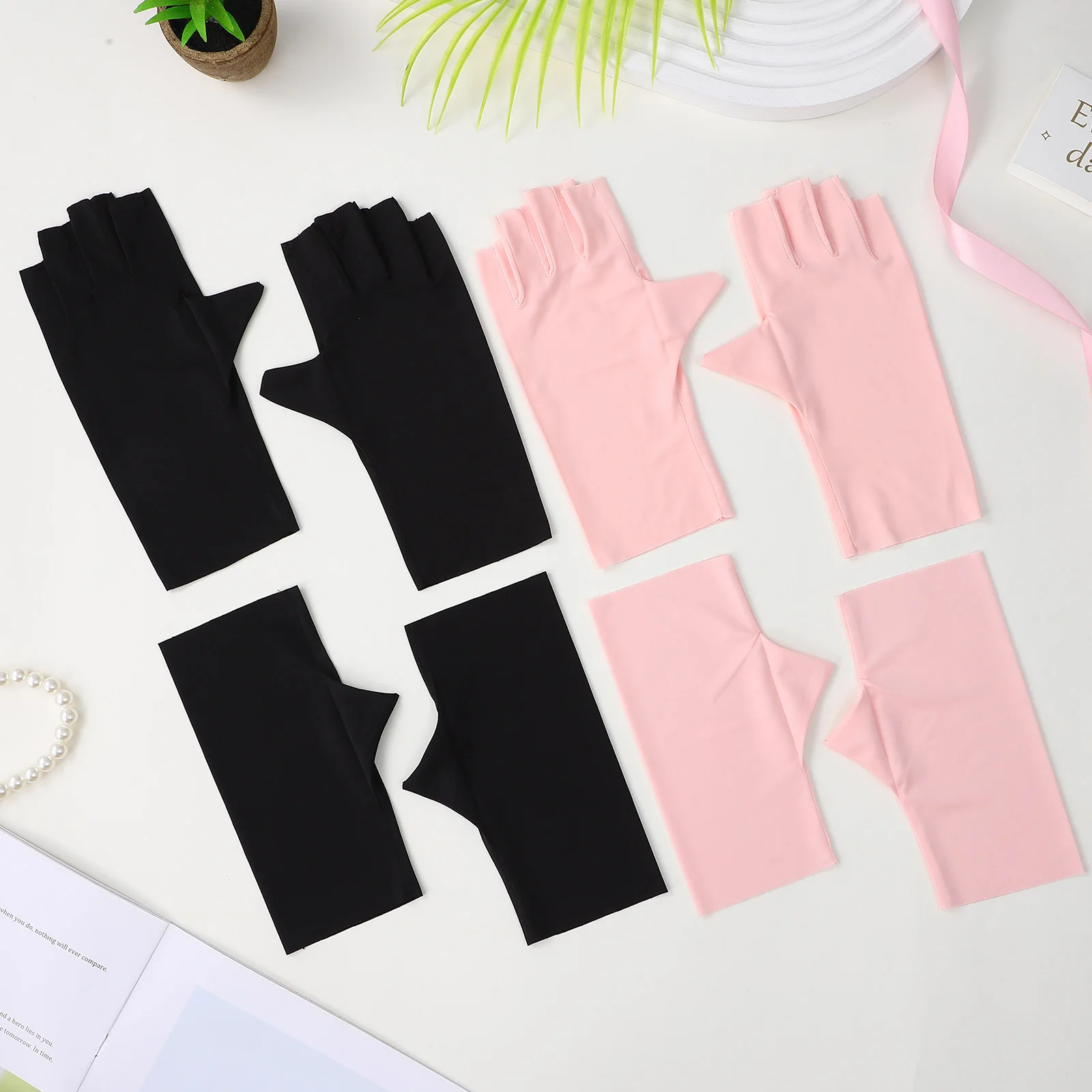 4 قطعة قفازات مانيكير بدون أصابع حماية من الأشعة فوق البنفسجية لأظافر الجل مستلزمات فن الأظافر قفازات نايلون مرنة عالية للنساء لركوب الدراجات #5