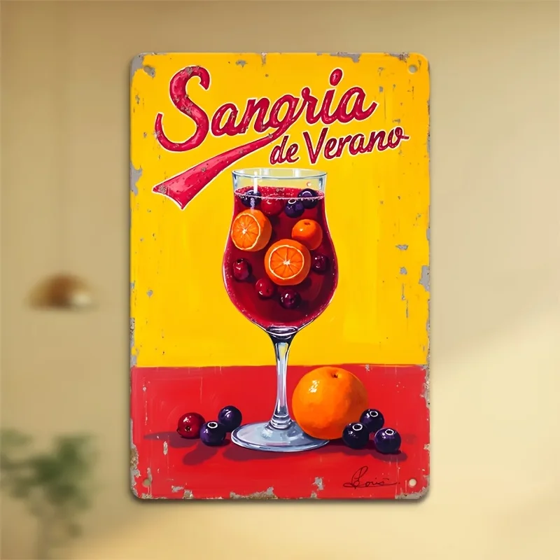 Una sola placa rectangular de hierro de [tamaño en pulgadas] con un diseño vintage de vino de verano y un cóctel de frutas españolas.
