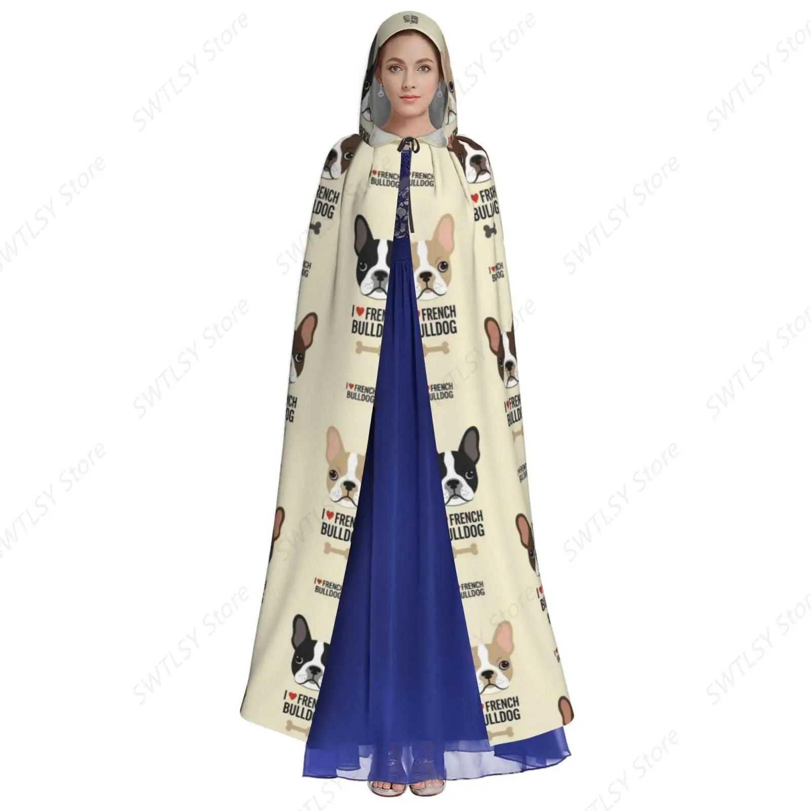 Women Men Hooded Cloak Cape Compatible with I Love French Bulldog for Halloween Christmas Cosplay Costumes