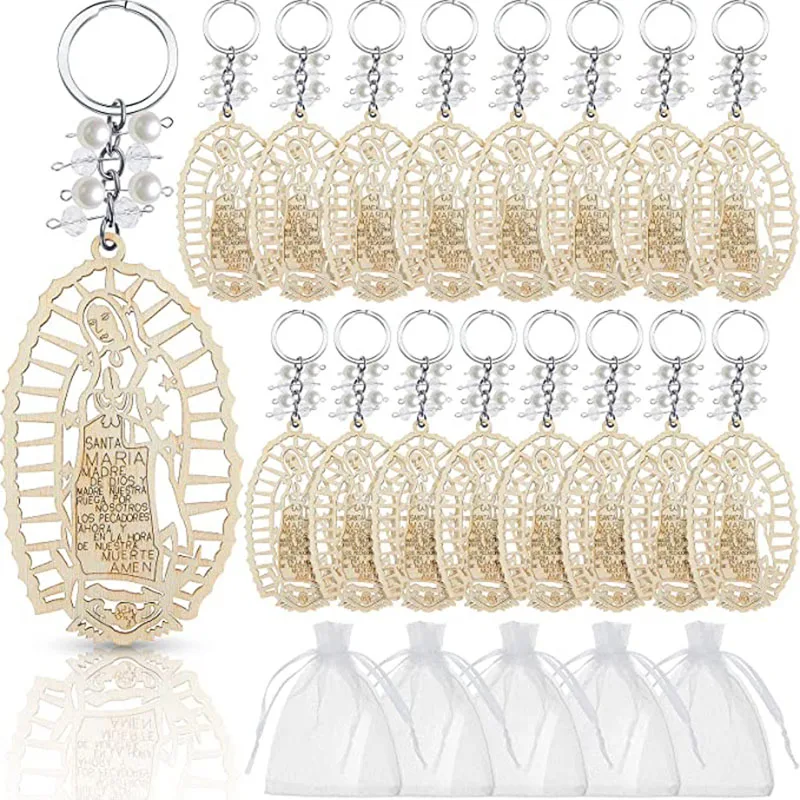 12Pcs Baptism Our Lady of Guadalupe Wood Design Keychain with Organza Gift Bags for Baptism Christening Communion