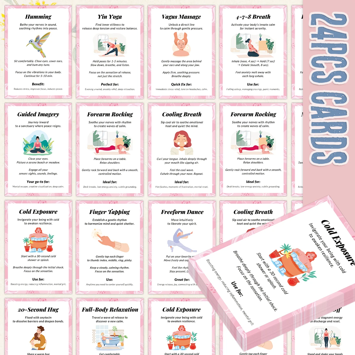 24 tarjetas didácticas de terapia somática, tarjetas de gestión del estrés, tarjetas de técnicas de puesta a tierra de melodía, herramientas portátiles de terapia de cuidado personal