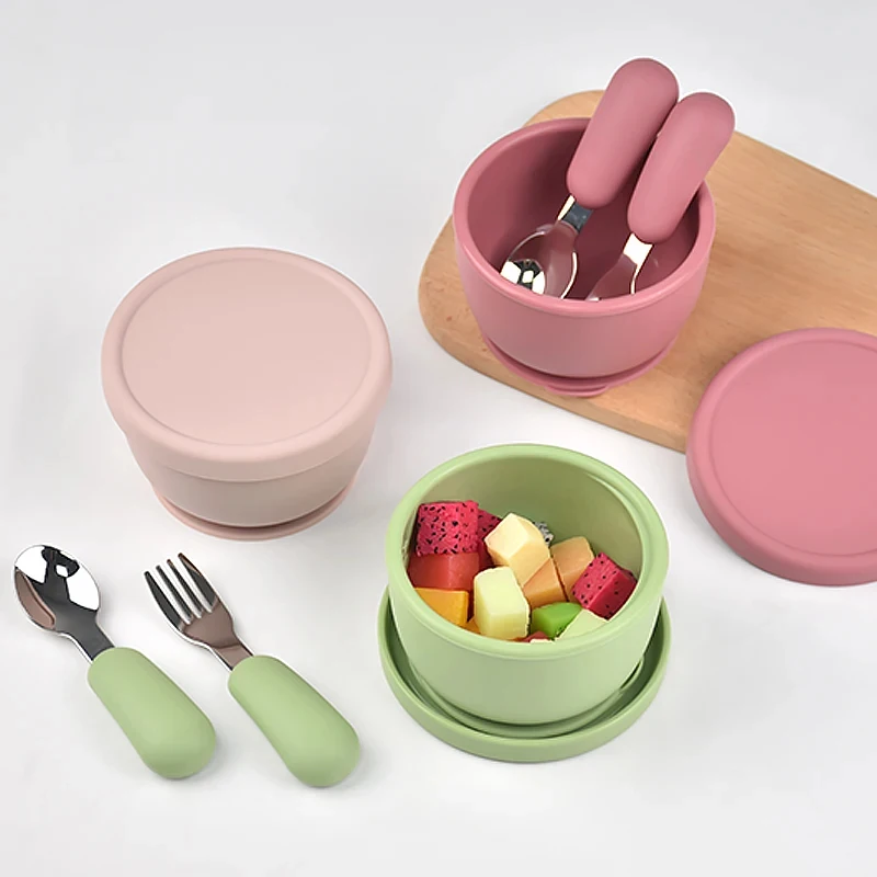 

Baby Silicone Complementary Food Feeding Bowl And Stainless Steel Fork Spoon Set With Suction Cup Feeding Tool Dishwasher Safety