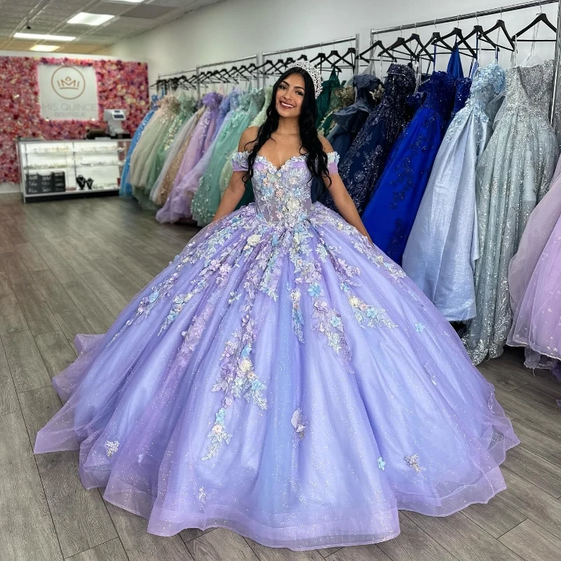 

Lavender Glitter Sequins Quinceanera Dresses Appliques Lace Beads Tull Princess Off The Shoulder Sweet 16 Dress Vestidos De 15