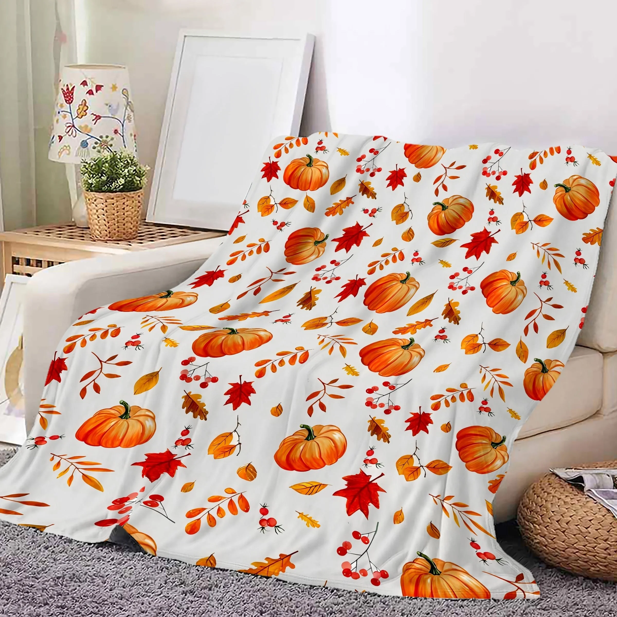 Reversible Autumn Flannel Throw Blanket, Contemporary Style, Machine Washable, All-Season Knit Fabric, Pumpkin