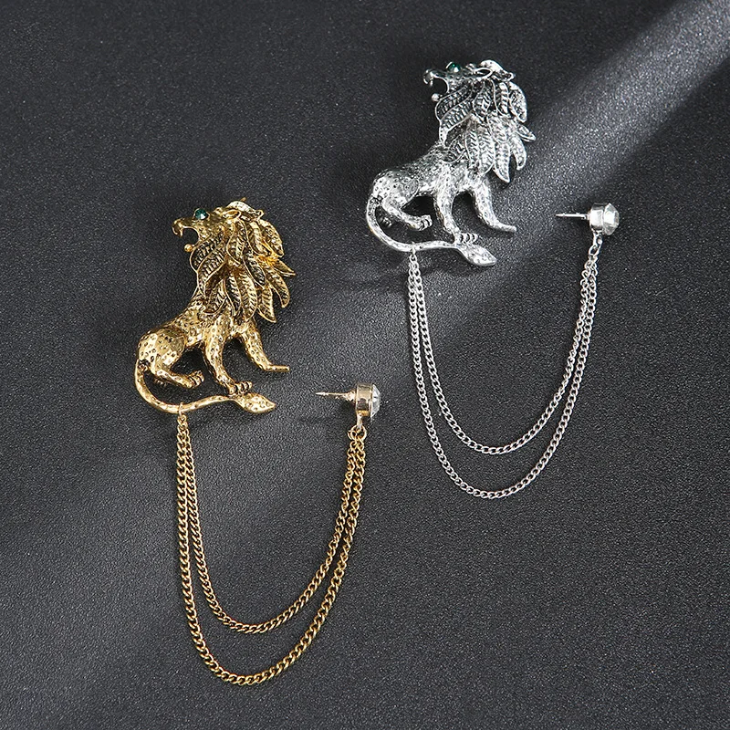 Owl Men's Classic Animal Lion Head Corsage Suit with Eagle Chain Fashion Pin Brooch Accessories
