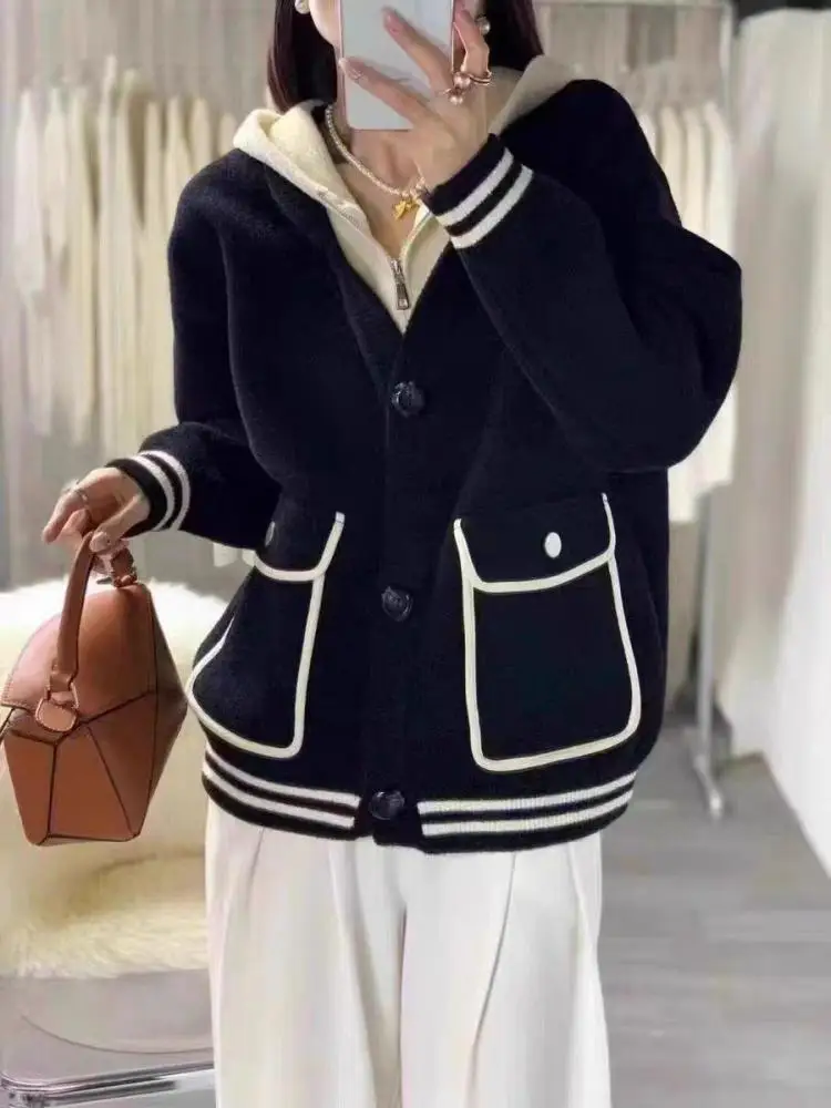 

Осень-зима, черно-белый лоскутный свитер с капюшоном и длинными рукавами, корейский женский однобортный вязаный короткий топ на молнии для отпуска