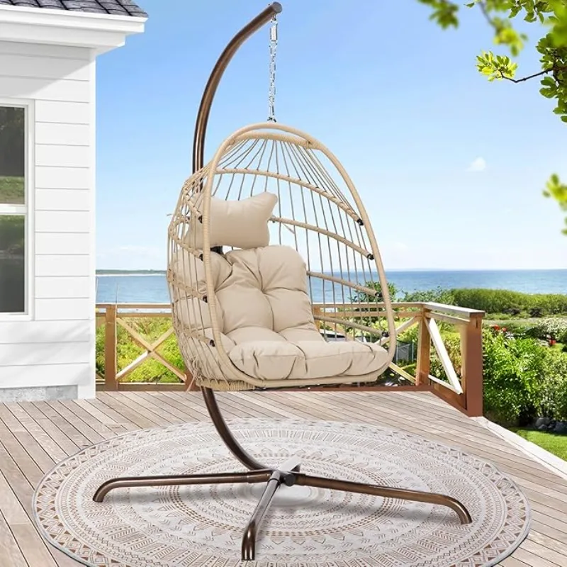 Hanging Egg Chair with Stand Outdoor Swinging Egg Chair with Water Resistant Cushions PE Rattan Wicker Chair Foldable Basket