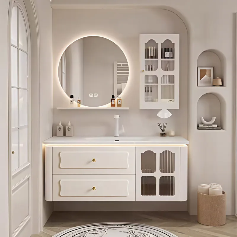 

Комплект мебели для ванной комнаты: тумба с интегрированной раковиной, умывальник, тумба из дуба.