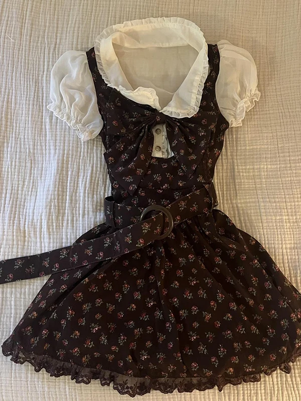 

Original n Floral Print irt Dr Women's Summer Vintage A-Line Skirt Fake Two-Piece Soft Cotton ort Sve V-Ne